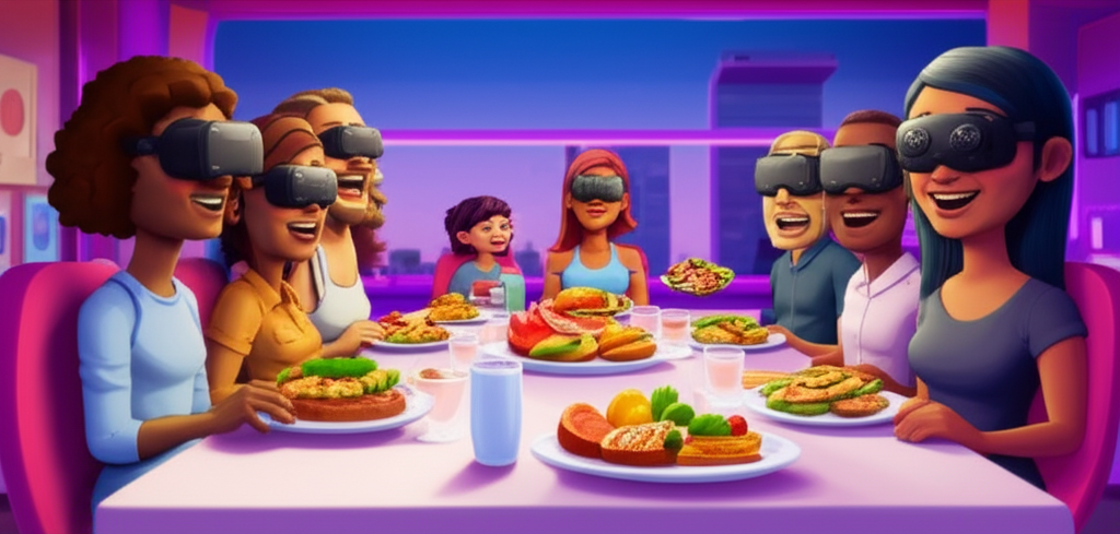 A group of diverse avatars, each with distinct and appealing food items on virtual plates in front of them, happily interacting and laughing together around a virtual dining table in a vibrant, stylized VR environment.