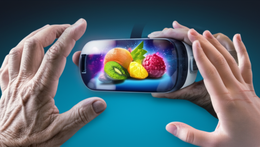 A pair of hands, one older with visible wrinkles and one younger with smooth skin, both simultaneously reaching for and gently touching a virtual, holographic representation of a vibrant, exotic fruit within a sleek, modern VR headset.
