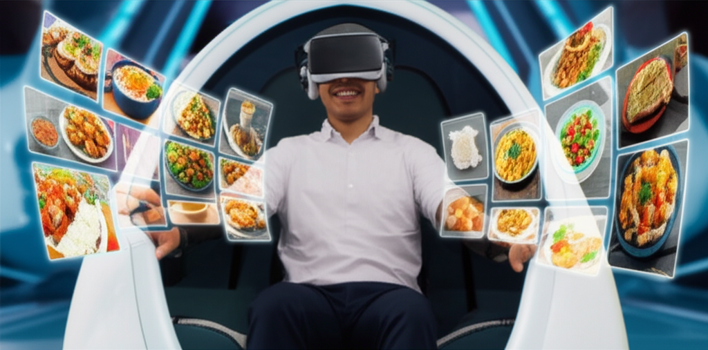A person wearing a VR headset, smiling contentedly, sitting in a futuristic-looking pod surrounded by holographic projections of diverse, delicious-looking food from various global cuisines.