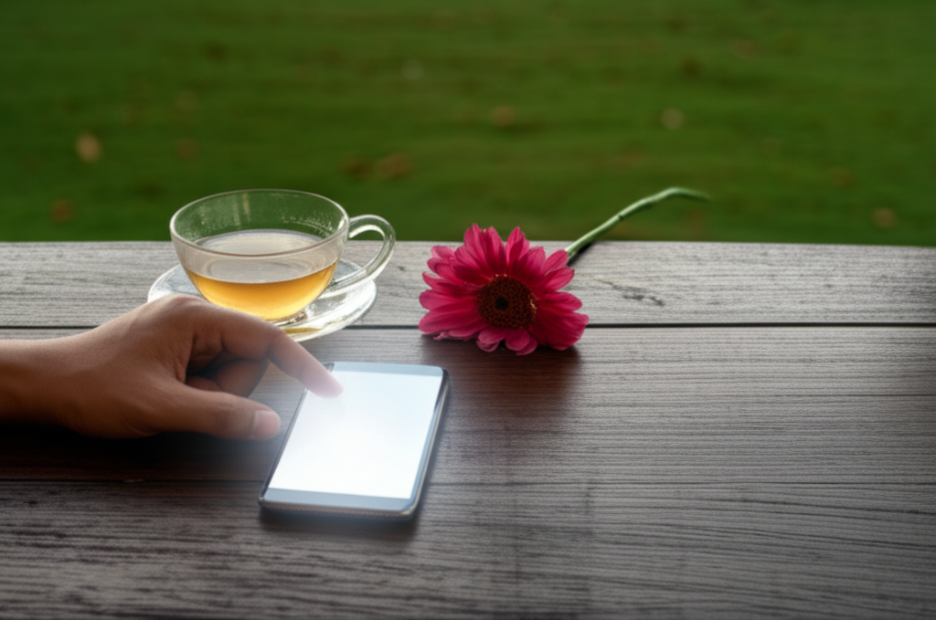 A person's hand gently placing a glowing smartphone face down on a rustic wooden table, next to a blooming flower and a half-finished cup of tea.