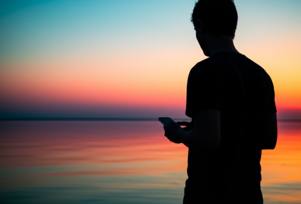 A person silhouetted against a sunset, looking out at a calm body of water,  holding a switched-off smartphone in one hand.