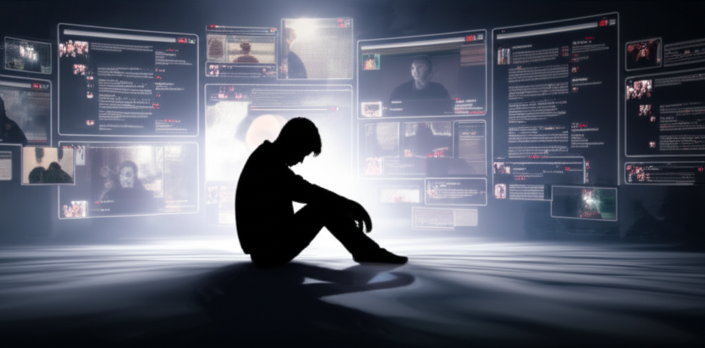 A person sitting alone in a brightly lit room, surrounded by multiple glowing screens displaying social media feeds and video calls, but with their face obscured by shadow and their body language conveying loneliness and isolation.