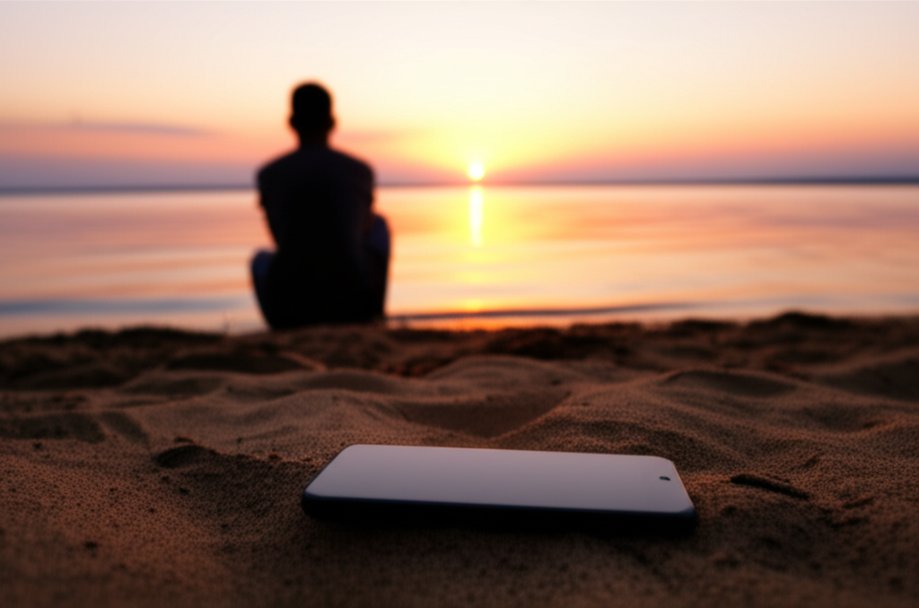A person silhouetted against a sunset, looking out over a calm body of water, with a smartphone gently resting on the sand beside them, screen-down.