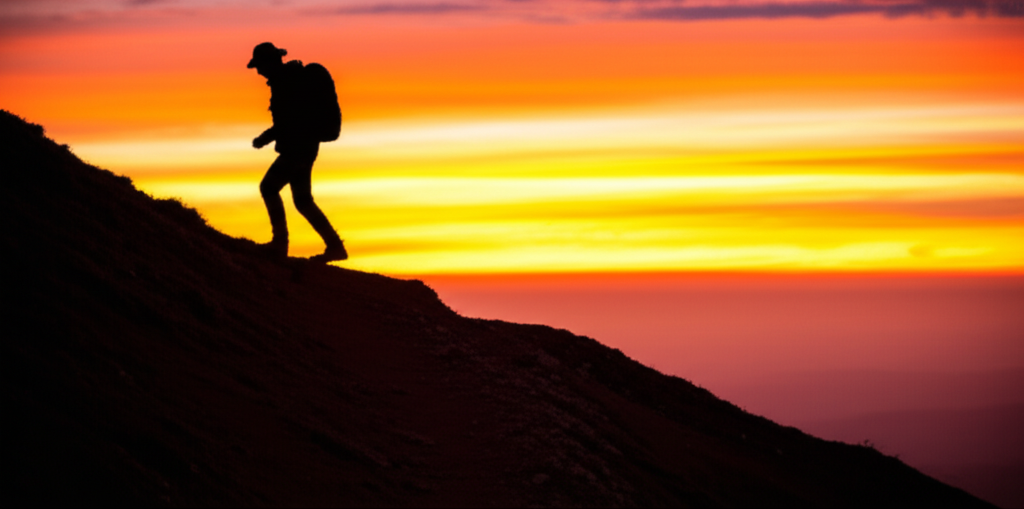 A person silhouetted against a vibrant sunset, hiking a mountain trail.