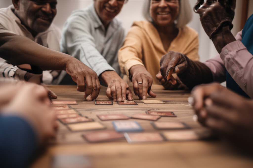 A close-up shot of several hands, diverse in age and skin tone,  gathered around a table, engaging in a board game or card game.  Focus should be on the genuine interaction and smiles.