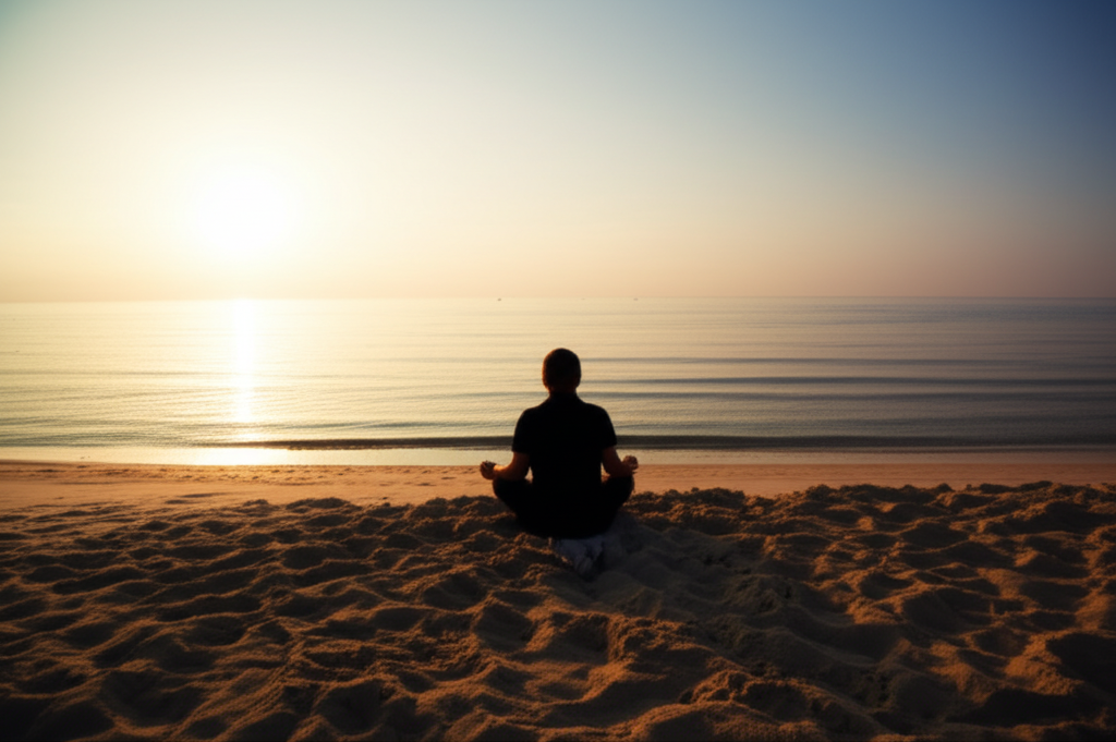 A person sitting alone on a quiet beach at sunrise, facing the ocean, with their eyes closed.
