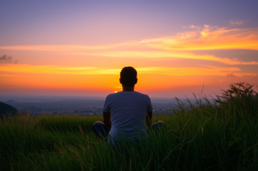 A person sitting on a grassy hill, looking out at a sunset,  with their hands loosely resting in their lap, completely unplugged; no phones, laptops, or other devices visible.