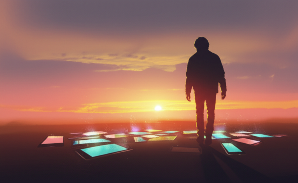 A person silhouetted against a bright sunrise,  walking away from a pile of glowing digital devices scattered on the ground.