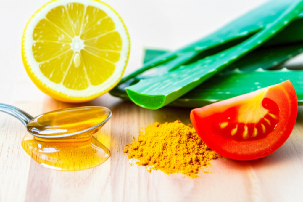 A close-up shot of five different kitchen ingredients (e.g., a lemon half, a spoonful of honey, a tomato slice,  a few aloe vera leaves, and some turmeric powder) artfully arranged on a clean, light-colored surface, perhaps a wooden cutting board or marble countertop.  The ingredients should look fresh and appealing.