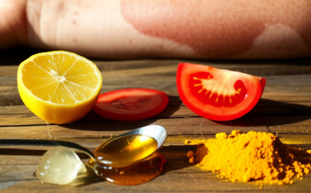 A close-up of  five different kitchen ingredients (e.g., a lemon half, a tomato slice, a spoonful of honey, some aloe vera gel, and a few turmeric powder grains) arranged artfully on a rustic wooden surface, bathed in a warm, golden light that contrasts with a subtly visible, faded, sunburnt patch of skin in the background.