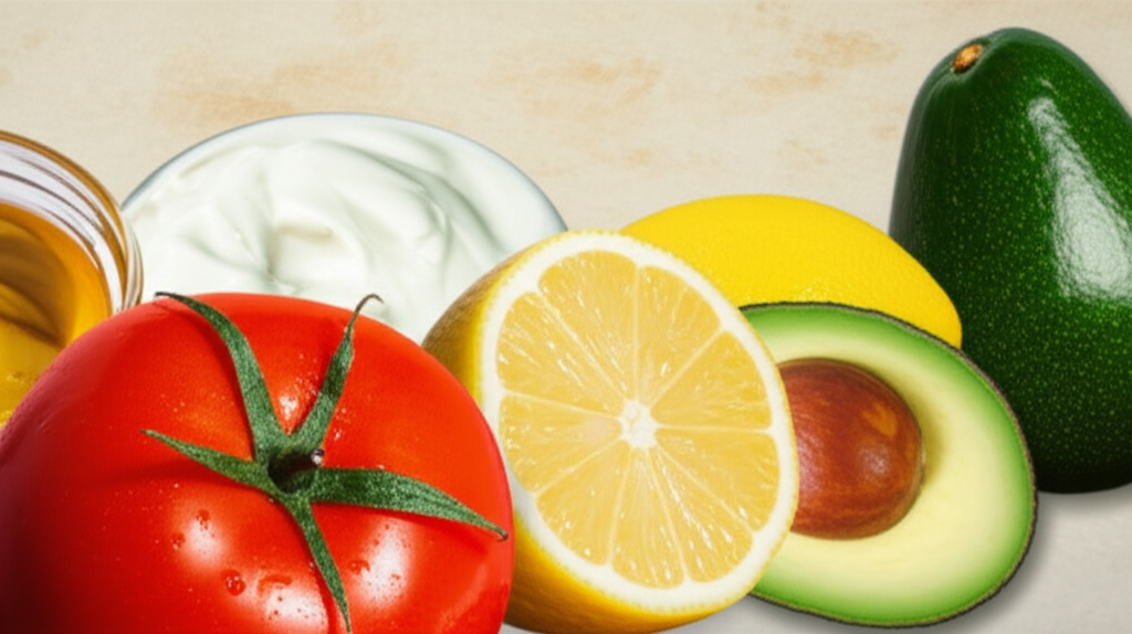 A close-up shot of five common kitchen ingredients (e.g., tomato, lemon, honey, yogurt, avocado) artfully arranged, each slightly overlapping the next, with a subtle sun-damaged skin texture subtly visible in the background.