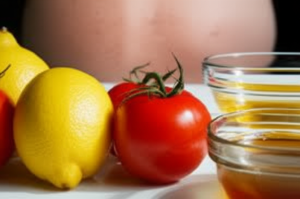 A close-up shot of five common kitchen ingredients (e.g., lemon, tomato, honey, etc.) arranged artfully, with a subtle, almost invisible, sun-damaged area of skin visibly improving in the background, perhaps slightly out of focus.
