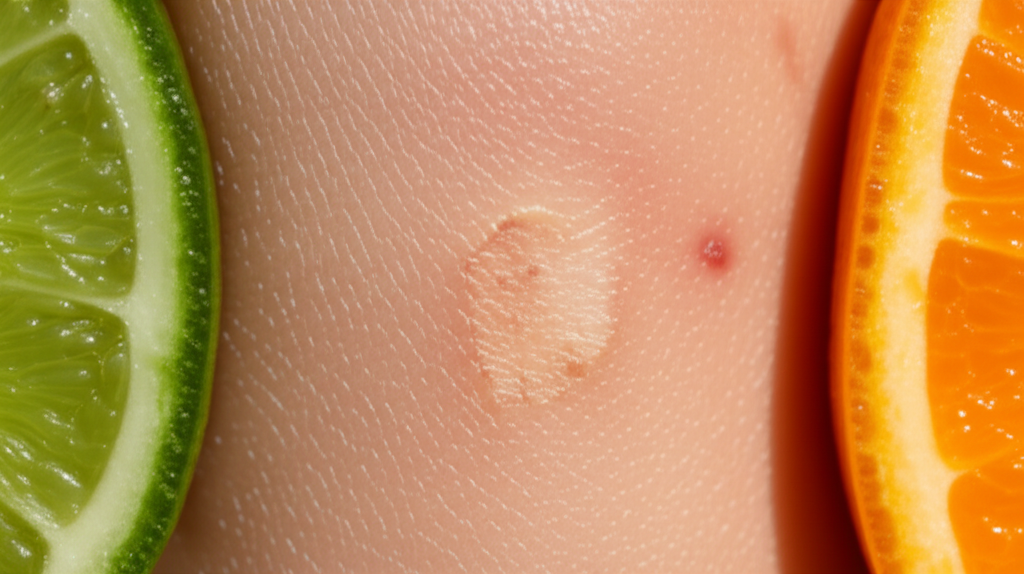 A close-up shot of Ingredient 4 (whatever it is), perhaps halved or showing its texture, with subtle, almost invisible sun damage on a small patch of skin next to it fading as it gets closer to the ingredient.