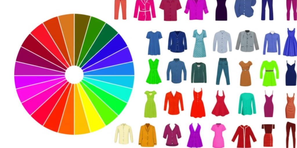 A vibrant color wheel, subtly morphing into clothing items (dresses, shirts, pants) in corresponding colors.