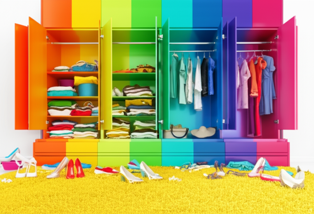 A brightly colored, rainbow-hued wardrobe overflowing with clothes, spilling onto a plush, sunny-yellow rug.