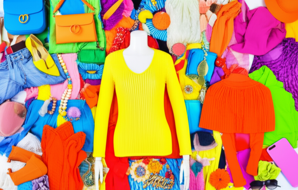 A vibrant, colorful collage of clothing items and accessories arranged artfully, possibly on a mannequin or flat lay.  The colors should be bold and diverse, evoking feelings of happiness and energy.