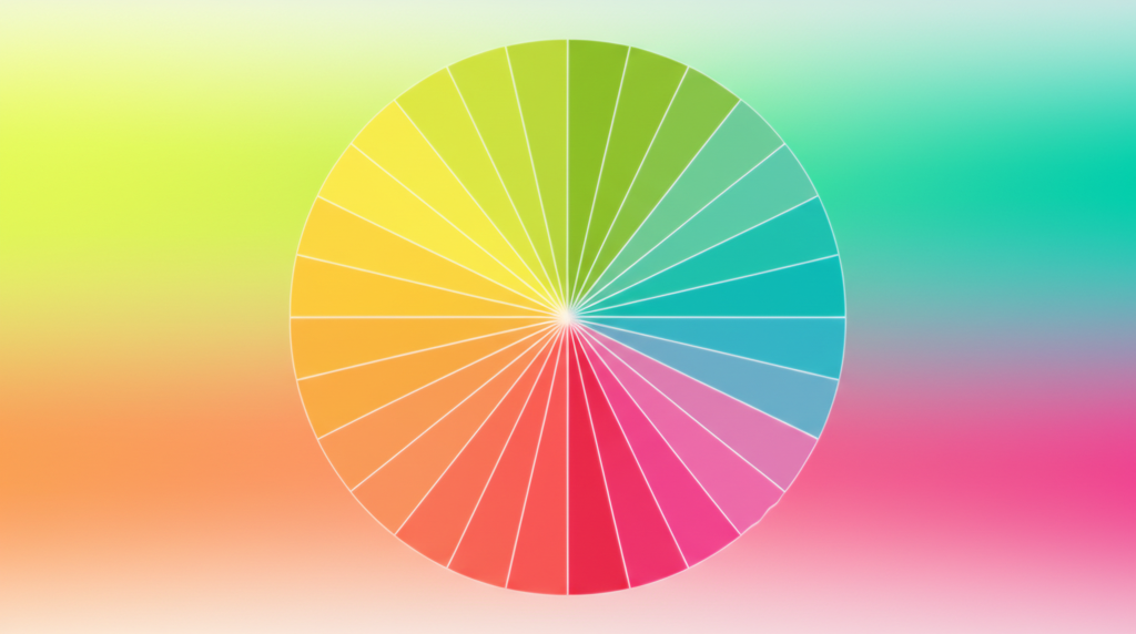 A color wheel with segments radiating outwards, each segment a vibrant, saturated happy color (yellow, orange, coral, bright pink, turquoise, sunny green).