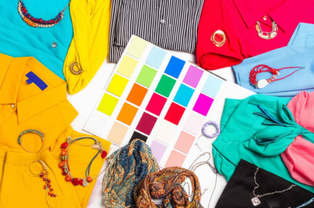 A flatlay showcasing a variety of colorful clothing items (shirts, scarves, jewelry) arranged artfully around a mood board with swatches of coordinating colors.