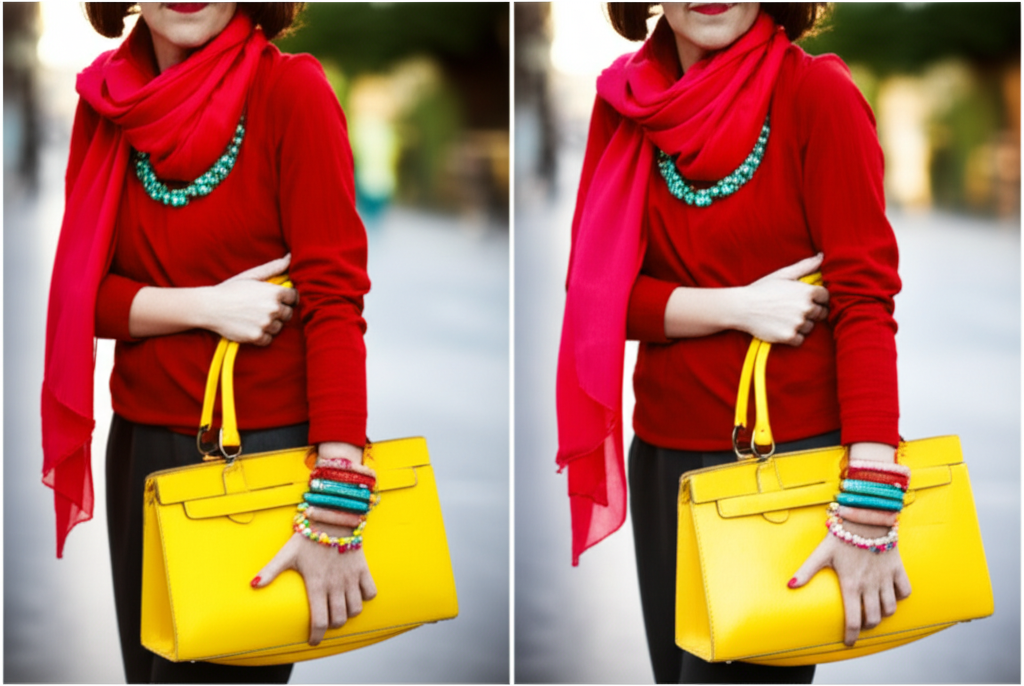 A before-and-after split image showing the same person wearing the same outfit, but the 