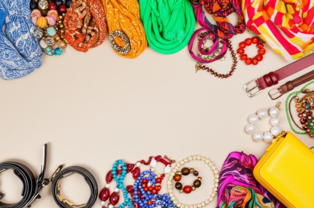 A flatlay showcasing a variety of brightly colored accessories arranged artfully against a neutral background.  Included are items such as scarves, jewelry, bags, and belts.