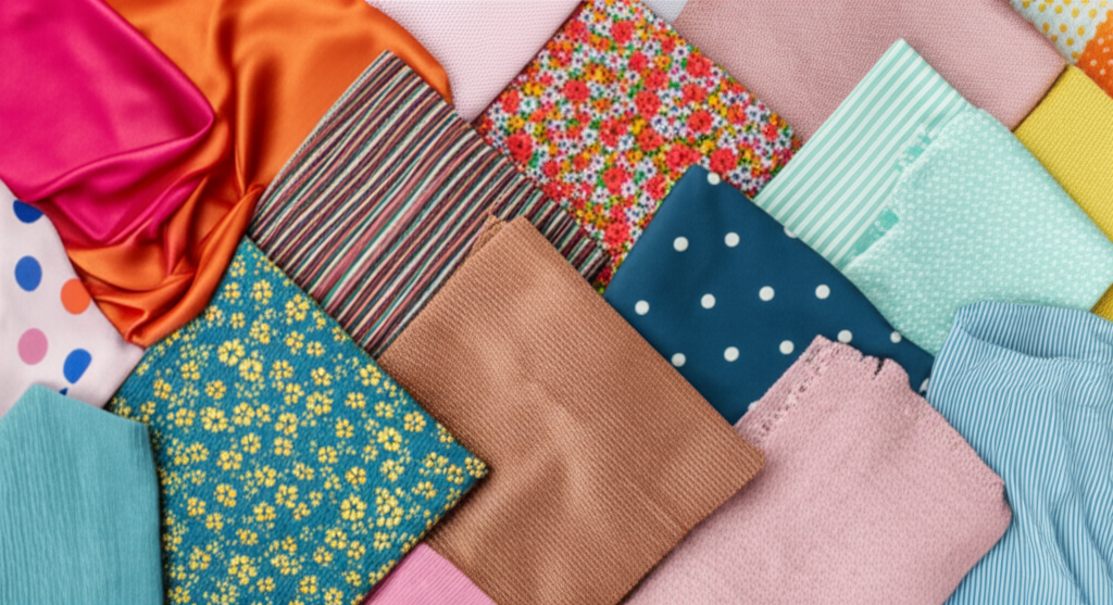 A flatlay showcasing a variety of fabrics with different textures and patterns (e.g., silk, linen, corduroy, knit, floral print, stripes, polka dots) arranged in a visually appealing and colorful way.