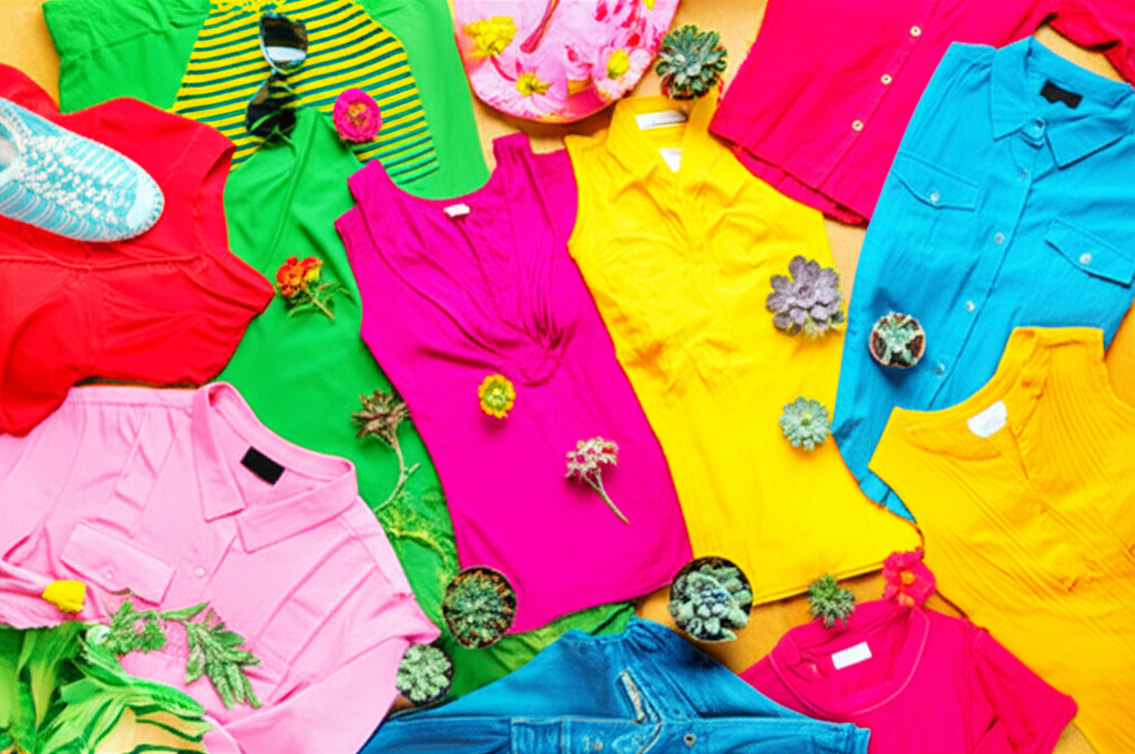 A flatlay showcasing a variety of brightly colored clothing items and accessories arranged artfully, with a few small plants or flowers interspersed.