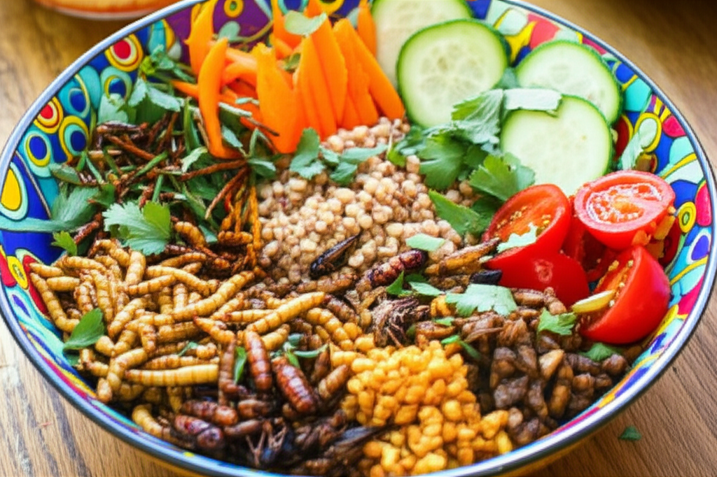 A vibrant, colorful power bowl overflowing with various cooked insects (crickets, mealworms, etc.),  mixed with fresh vegetables, grains, and a flavorful sauce.