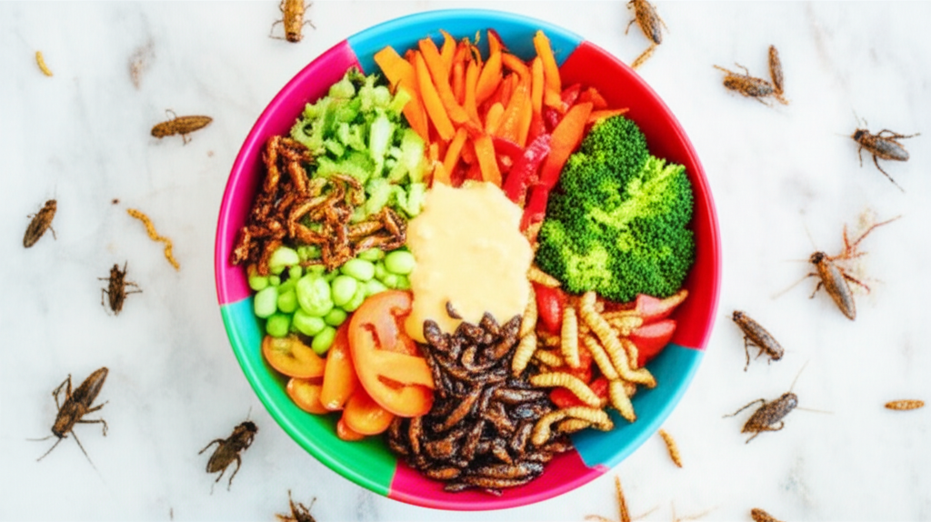A vibrant, colorful power bowl overflowing with various cooked insects (crickets, mealworms, etc.) alongside colorful vegetables and a flavorful dressing.  The bowl is positioned slightly off-center, with a few stray insect pieces artfully scattered around it.
