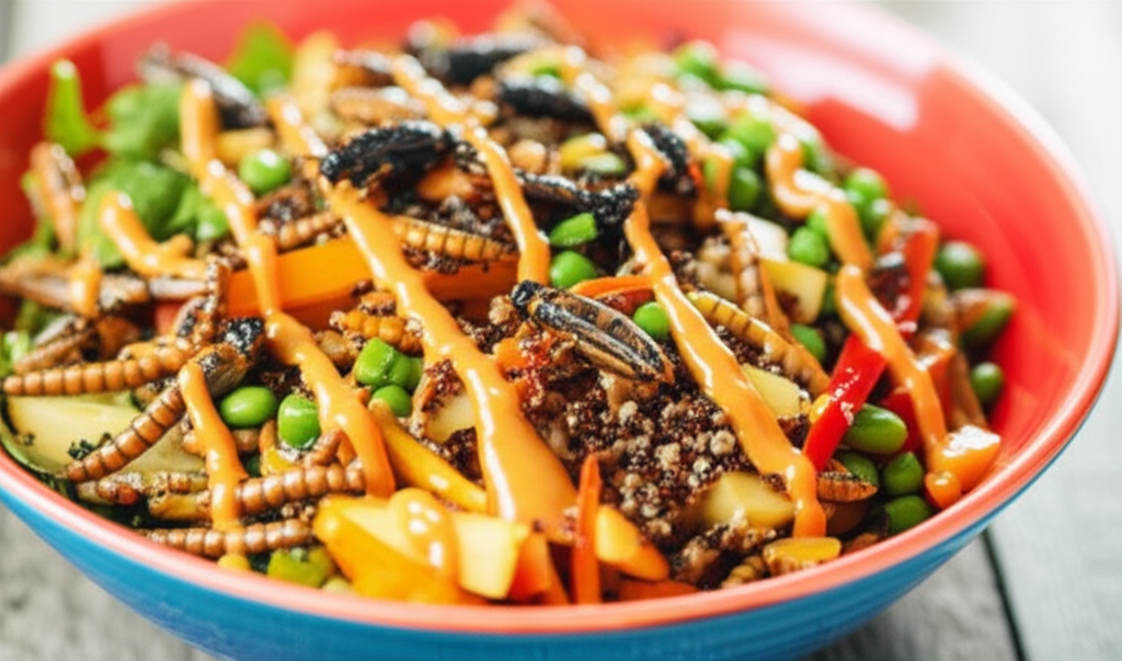 A vibrant, colorful power bowl overflowing with various cooked insects (e.g., crickets, mealworms), mixed with colorful vegetables, grains, and a flavorful dressing.