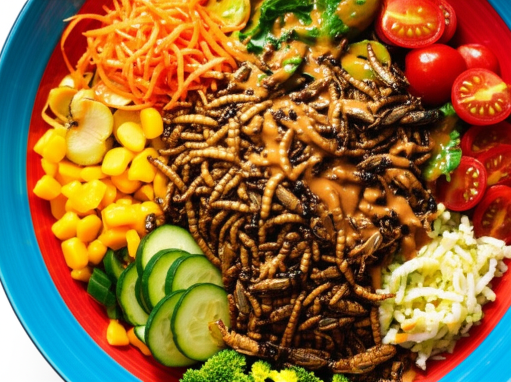 A vibrant, colorful power bowl overflowing with various edible insects (crickets, mealworms, etc.)  mixed with fresh vegetables and a flavorful dressing.  The insects should be clearly visible but presented appetizingly.