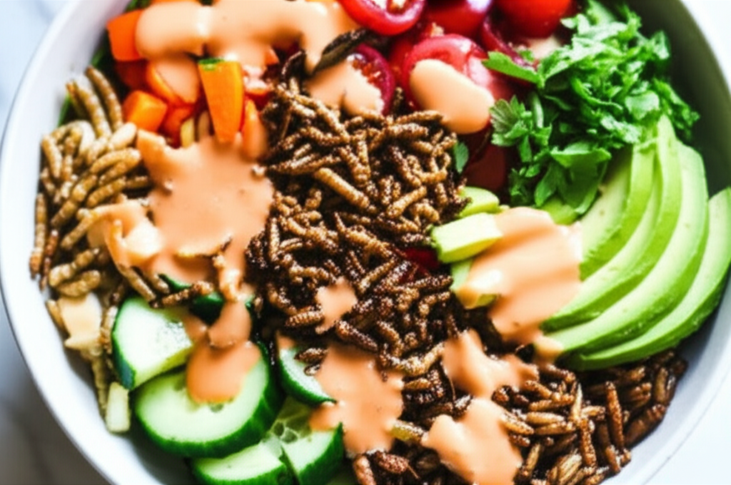 A vibrant, close-up shot of a colorful insect protein power bowl overflowing with various insects (crickets, mealworms, etc.),  fresh vegetables, and a visually appealing dressing or sauce.