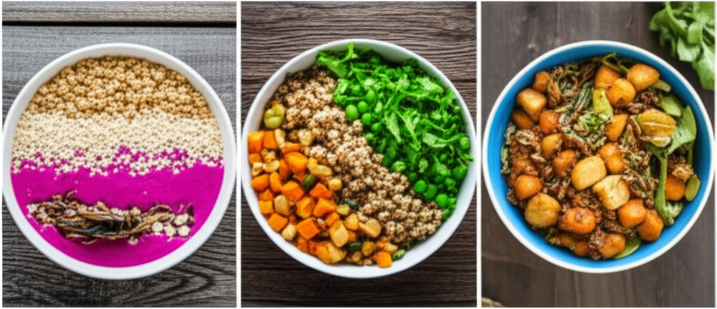 Three vibrant power bowls: one breakfast bowl (smoothie base with granola and cricket topping), one lunch bowl (salad base with roasted vegetables and mealworm crumble), and one dinner bowl (grain base with stir-fried insects and sauce).