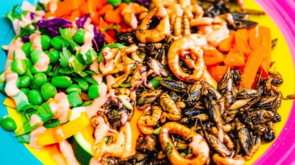 A vibrant, colorful power bowl overflowing with various cooked insects (crickets, mealworms, etc.) alongside colorful vegetables and a flavorful sauce.
