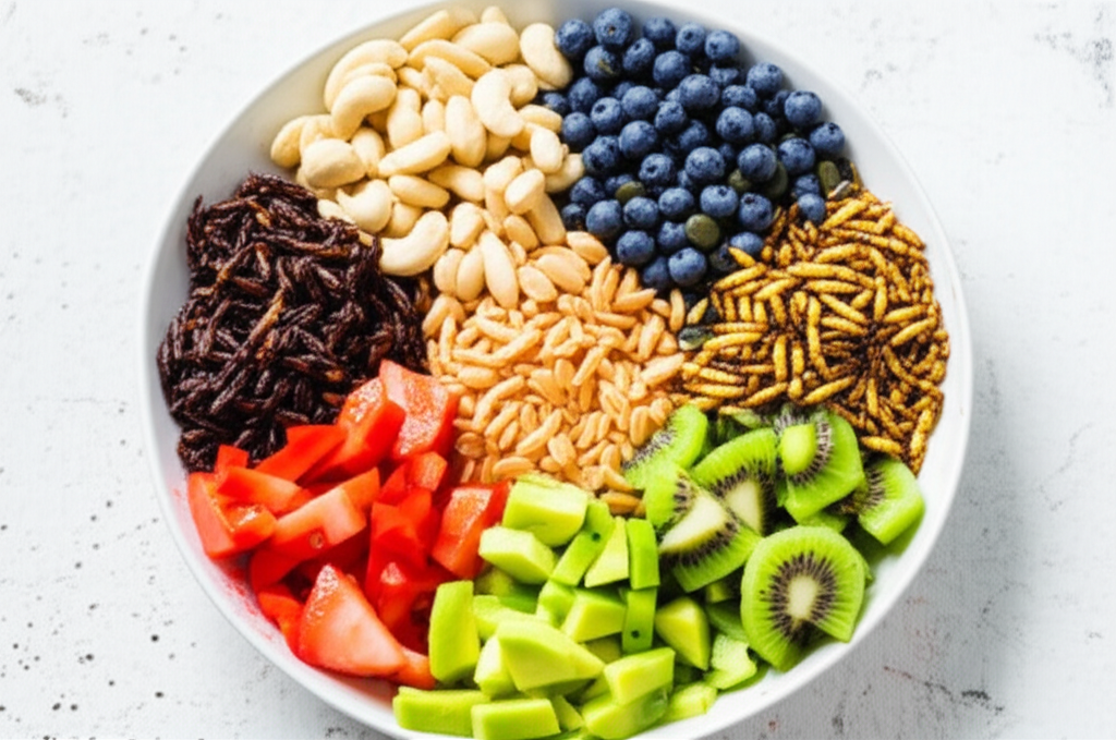 A close-up shot of a colorful insect protein power bowl, with clearly visible ingredients meticulously separated into distinct sections to highlight potential allergens (e.g., nuts in one area,  seeds in another).