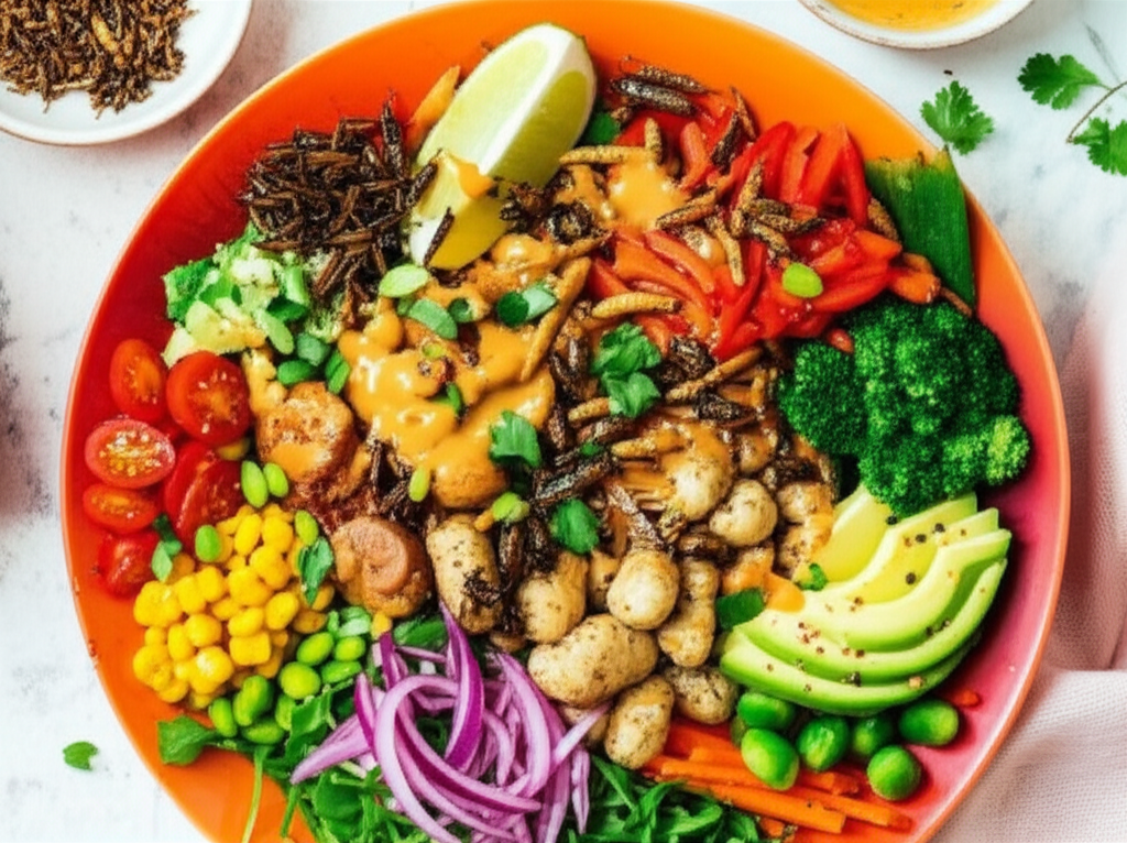 A vibrant, colorful power bowl overflowing with various insects (crickets, mealworms etc.),  prepared in appealing ways (e.g., roasted, stir-fried),  mixed with fresh vegetables and a flavorful dressing.  The insects are not obviously identifiable as such at first glance; the focus is on the overall appetizing appearance of the dish.