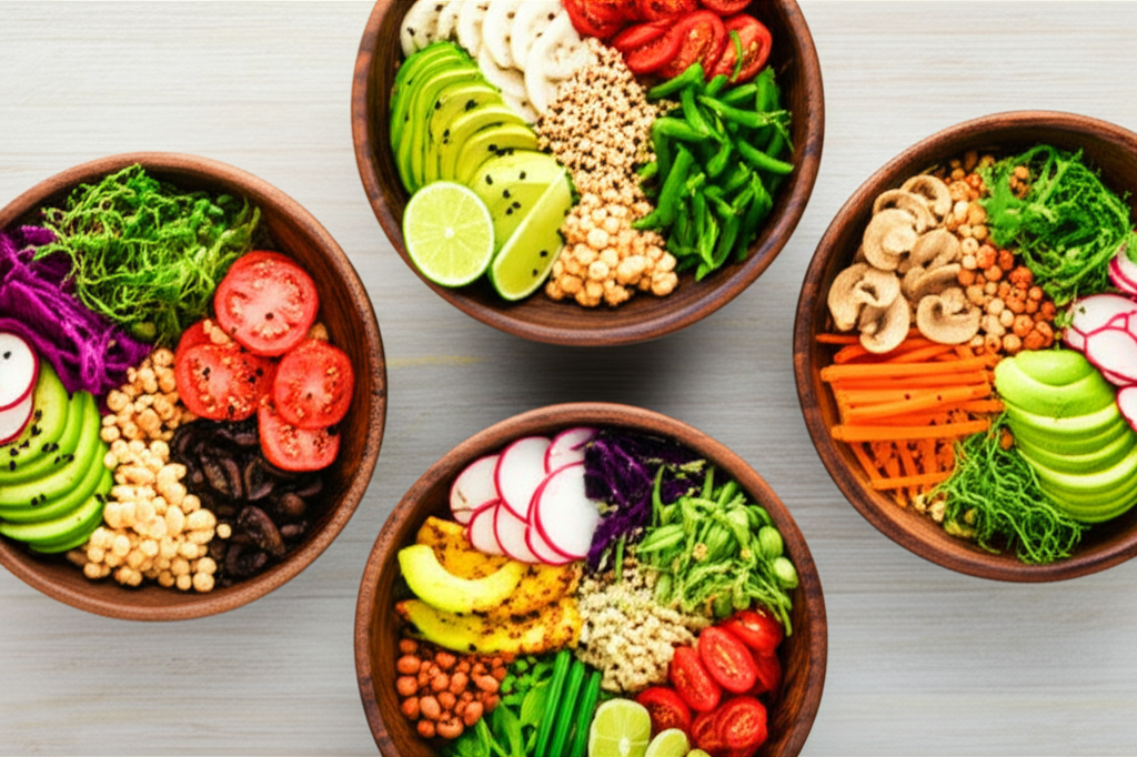 A colorful, vibrant overhead shot of three different insect-based power bowls, each with diverse ingredients and visually appealing arrangements.