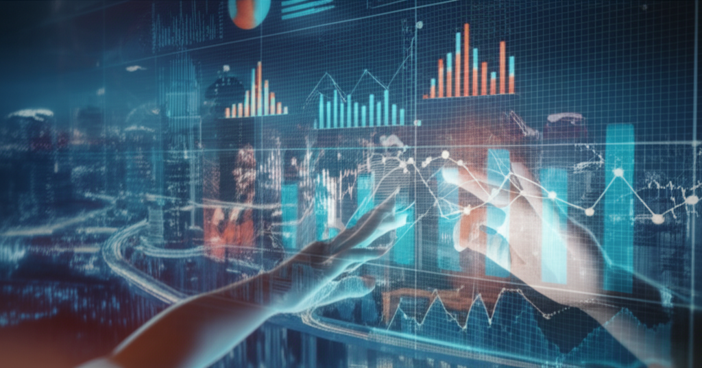 A stylized close-up of a young person's hand interacting with a holographic projection of interconnected financial graphs and data points, set against a futuristic cityscape background.