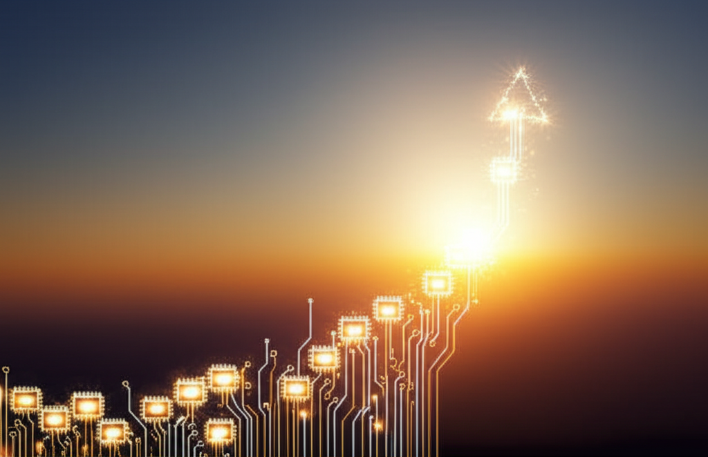 A stylized upward-trending graph, formed from interconnected, glowing nodes that resemble circuits or microchips, extending towards a bright, hopeful sunrise.