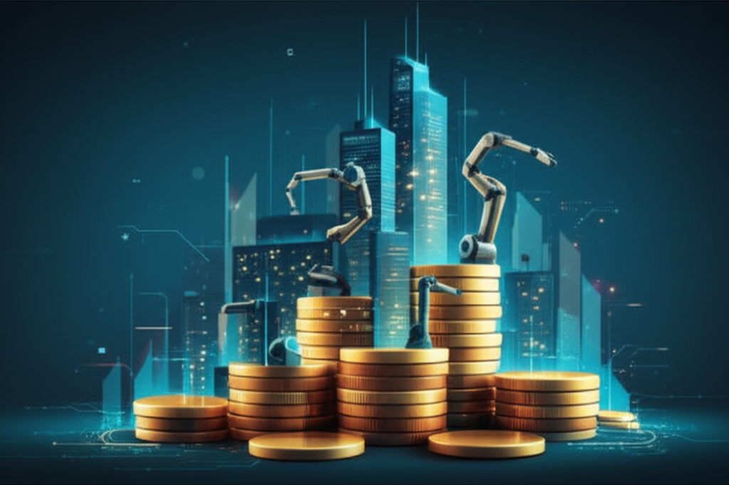 A stylized graphic showing a futuristic cityscape rising from a foundation of stacked coins, with automated systems (e.g., robotic arms, glowing circuits) weaving seamlessly between the coins and buildings.