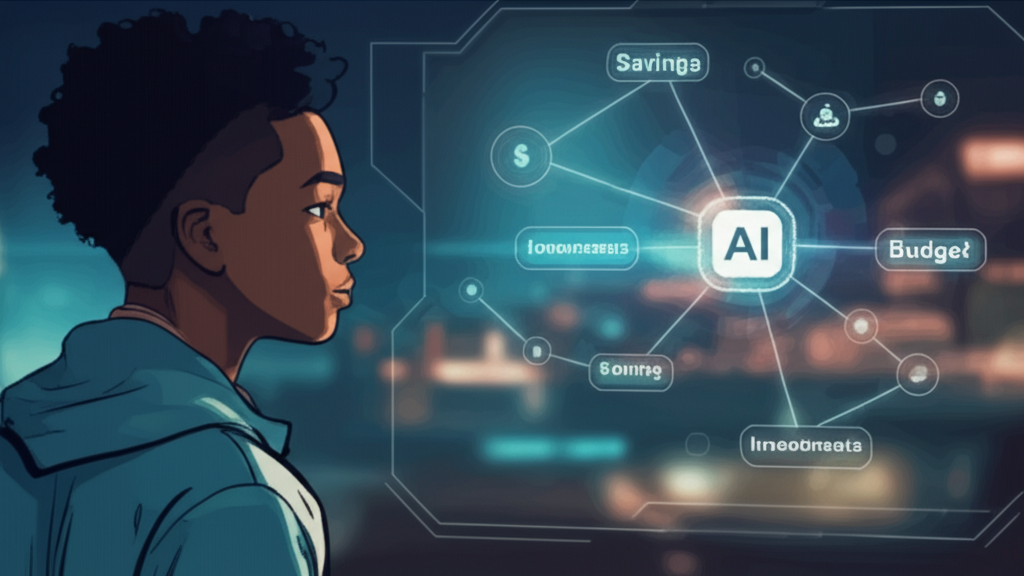 A stylized graphic of a young adult (Gen Z) looking confidently at a holographic projection showing interconnected nodes representing various financial aspects (savings, investments, budget, etc.), all subtly connected to a larger central node representing AI.
