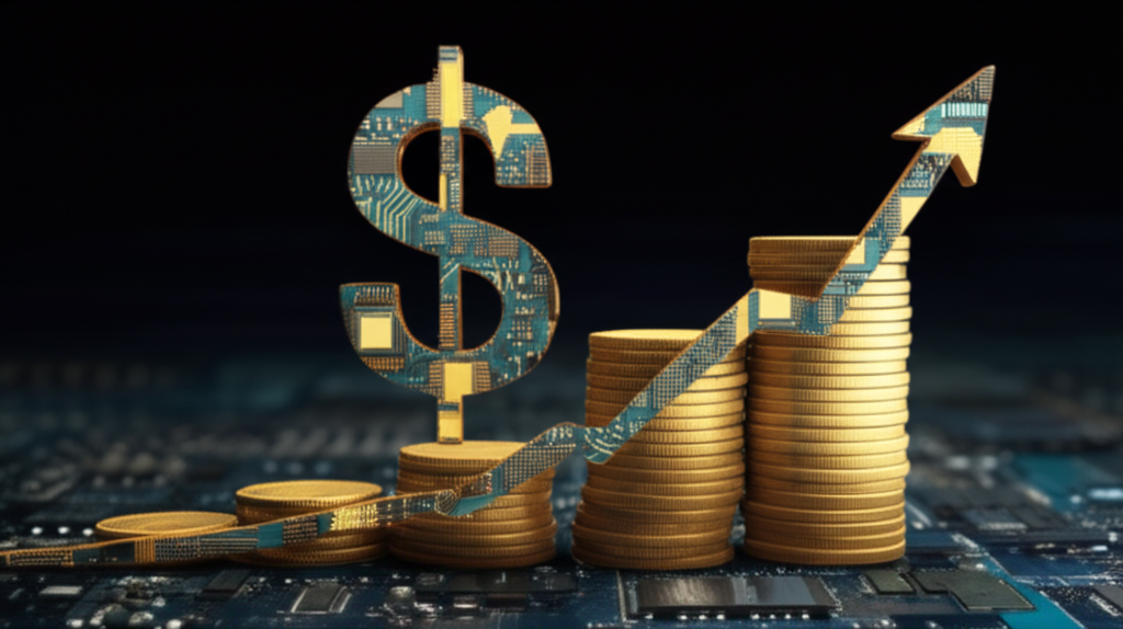 A stylized upward-trending graph made of interconnected circuit boards and microchips, culminating in a stack of coins or a large dollar sign.