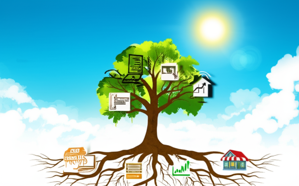 A stylized infographic showing a tree with its roots spreading out to encompass diverse income sources (e.g., a freelance laptop, a small online shop, a stock market graph, a rental property icon). The tree's branches reach upwards towards a bright, sunny sky.