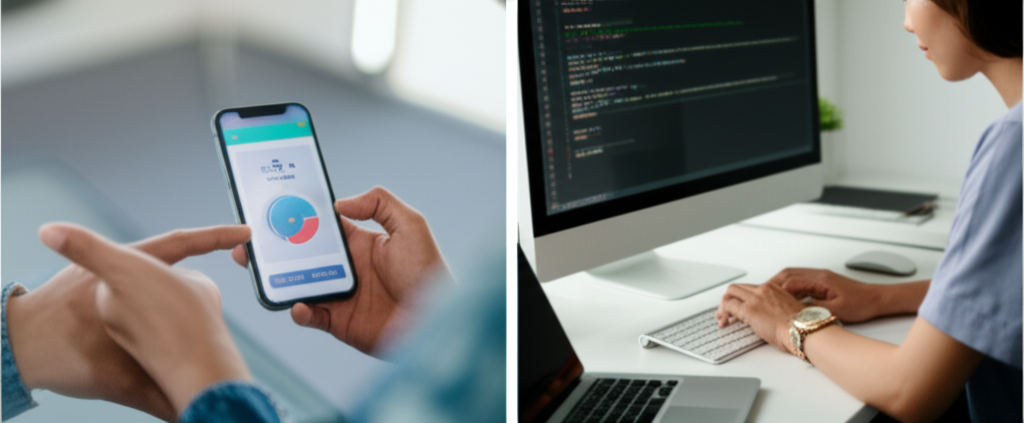 A split screen.  One side shows a young person confidently using a financial app on a phone,  the other side shows the same person coding or working on a computer, both activities taking place in a modern, bright, and technology-filled workspace.