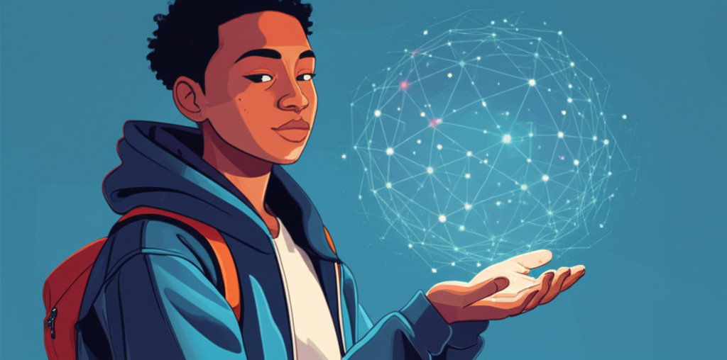A stylized graphic of a young person (Gen Z aesthetic) confidently holding a holographic, partially transparent globe made of interconnected nodes, representing the blockchain.