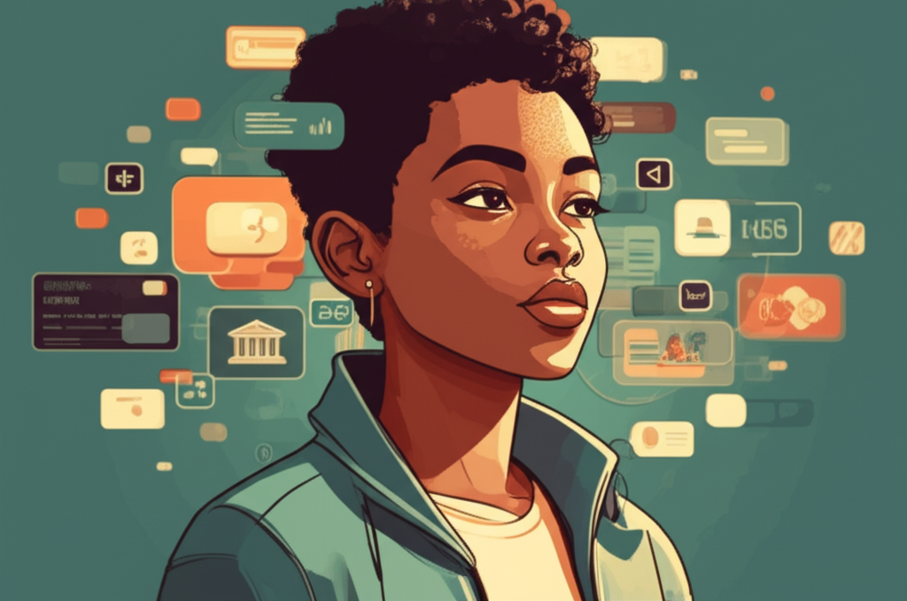 A stylized graphic of a young person (Gen Z aesthetic) confidently looking ahead, with overlapping translucent images representing various online financial tools and platforms (e.g., banking app icons, graphs, etc.) forming a protective shield around them.