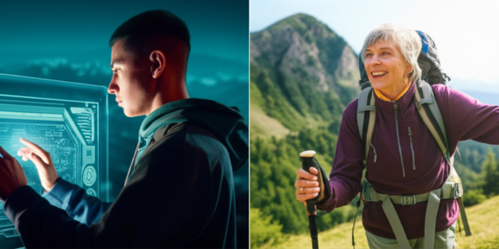 A split image.  One side shows a young person (Gen Z) confidently using a futuristic-looking holographic interface or device. The other side shows a serene older person (retirement age) enjoying a vibrant, active lifestyle, perhaps hiking a mountain or working on a creative project in a beautiful setting.