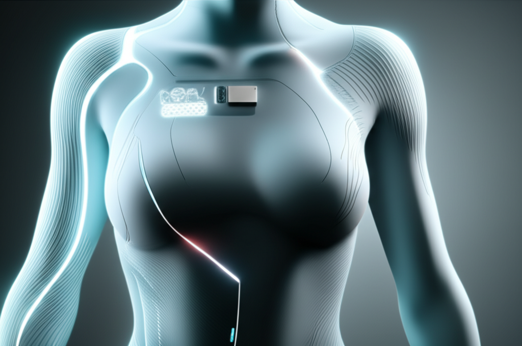 A close-up shot of a single, sleek, futuristic garment incorporating seamlessly integrated technology (e.g., subtly glowing lines, a small, almost invisible screen element). The garment should have a unique, modern, and slightly otherworldly design.