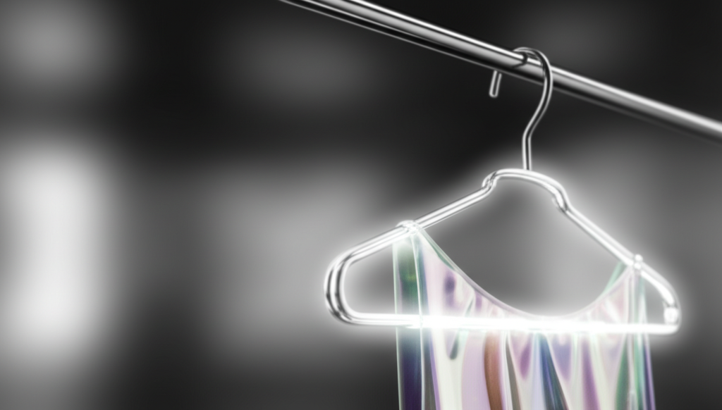 A single, sleek, chrome-finished clothing hanger, subtly glowing, with a holographic, shimmering garment draped over it.
