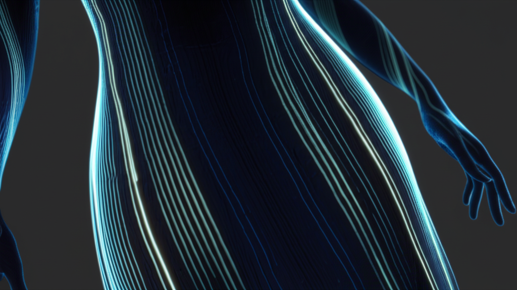 A close-up shot of a futuristic, sleek garment with subtly glowing, bioluminescent threads interwoven into the fabric.  The threads subtly change color or intensity in response to an unseen stimulus (perhaps a hand approaching it).