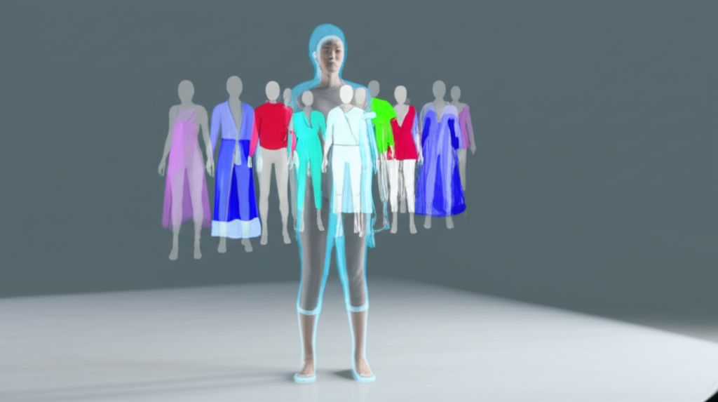 A sleek, holographic projection of a person, overlaid on a real-world model wearing a simple, neutral-colored outfit.  The holographic projection shows the person in several rapidly changing, vibrant, and wildly different outfits, all seemingly 